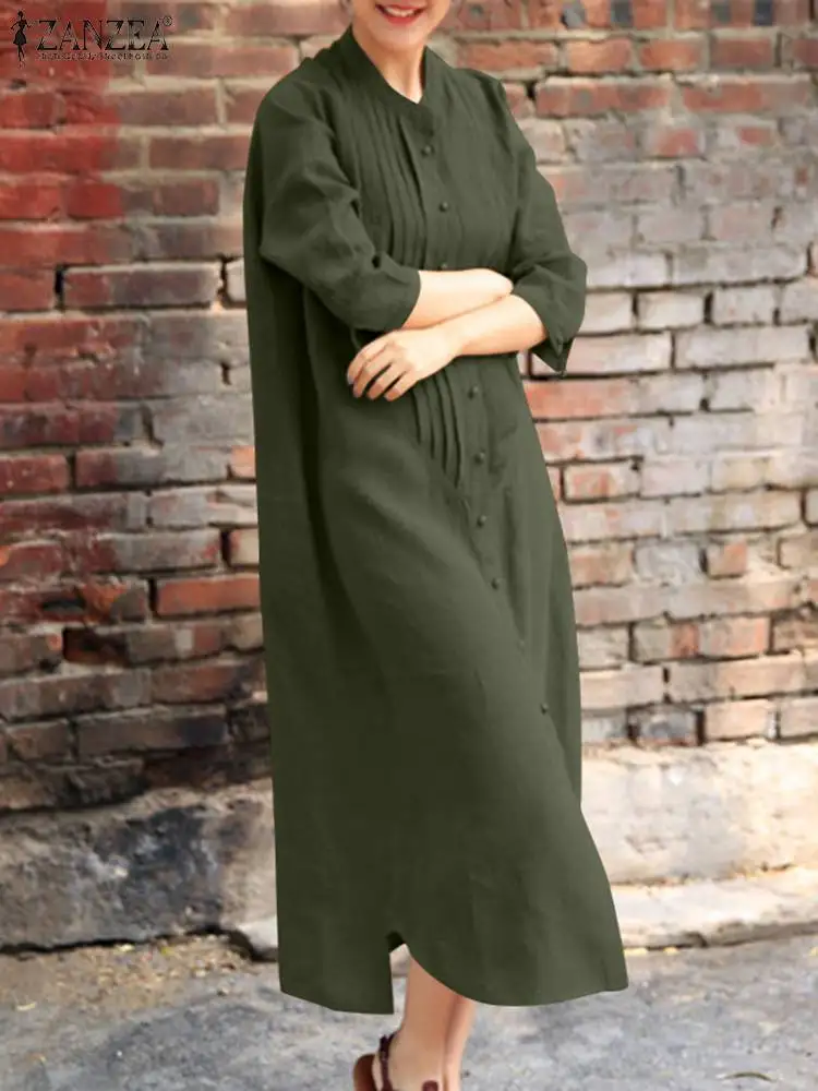 2024 ZANZEA Spring Fashion Dress Women Long Sleeve Mid-Calf Length Vestidos Casual Solid Robe Vintage Button Sundress Oversized