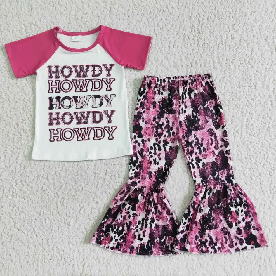 

Hot sale howdy letter print short sleeve top bell bottom pants outfit girls western design outfit kids clothing baby outfit