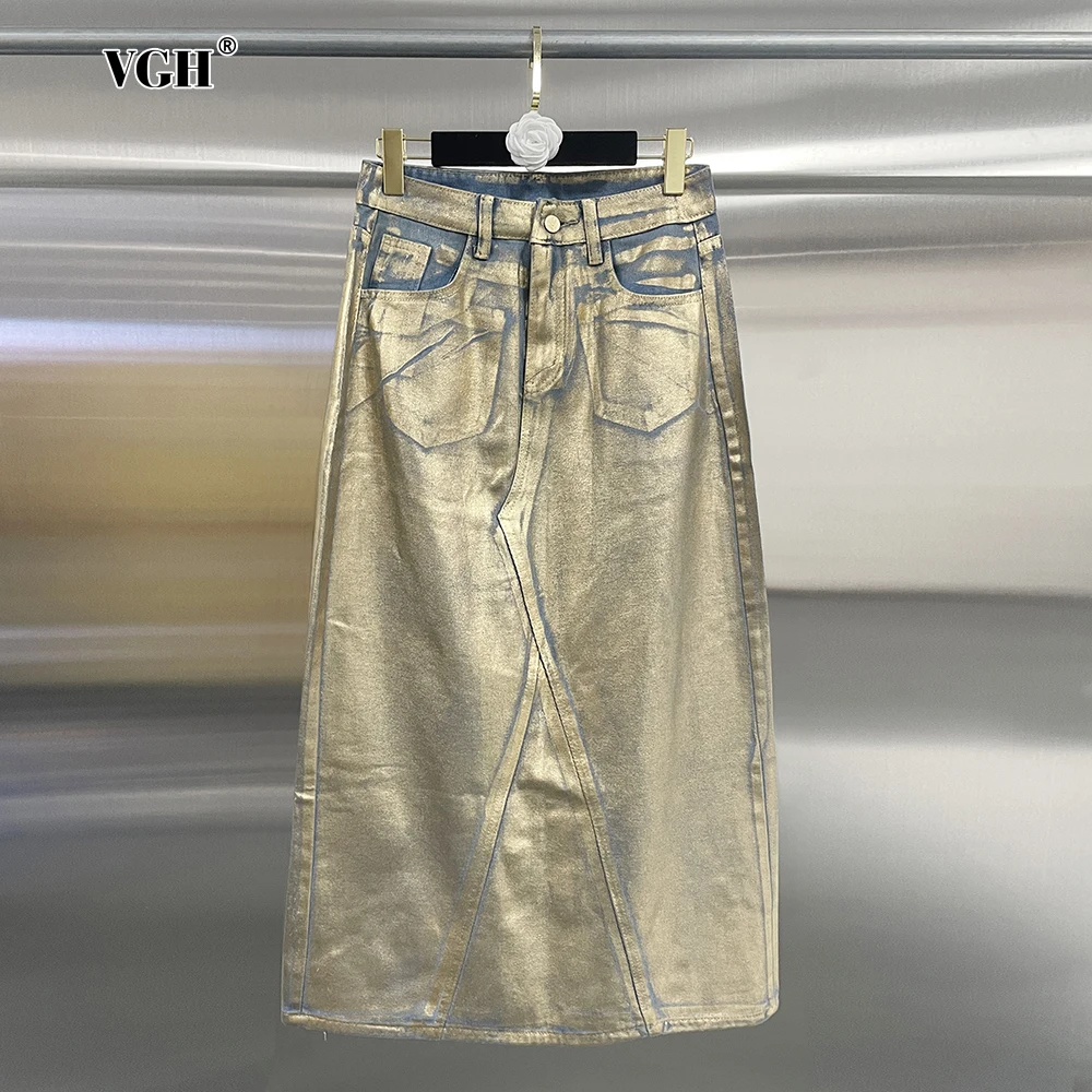 VGH Streetwear Designer Women's Spliced Pocket Denim Skirt High Waist Patchwork Button Split A Line Skirts Female Fashion Style