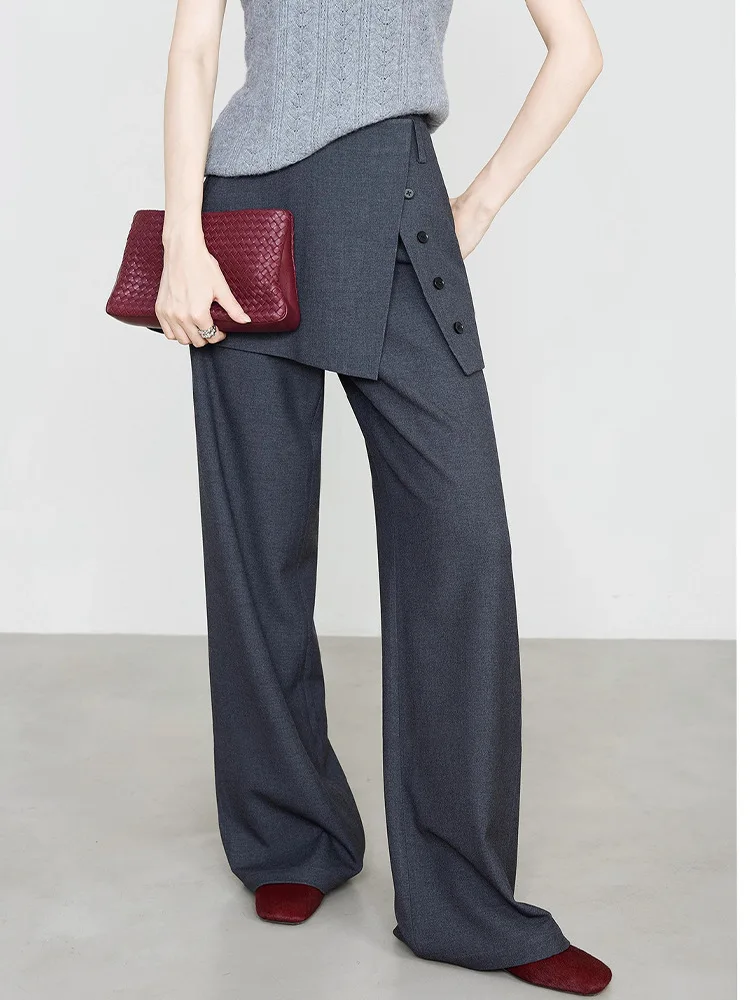 Maxdutti French Lazy Loose Two-piece Skirt Curtain Pants Woman Clothes Flared Straight Leg Pants Copper Ammonia Wool Gray Pants
