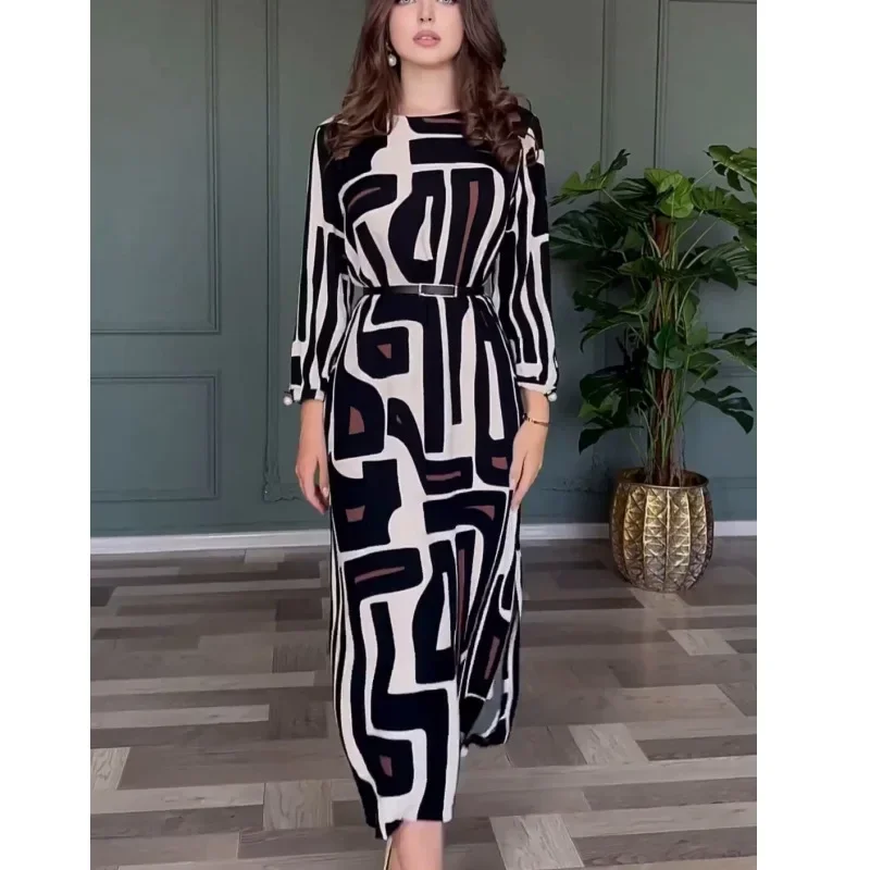 Women Dresses Long Sleeve O Neck Pullover Print Striped Dress Patchwork Streetwear Vestidos Flat Autumn Loose Fit Belt