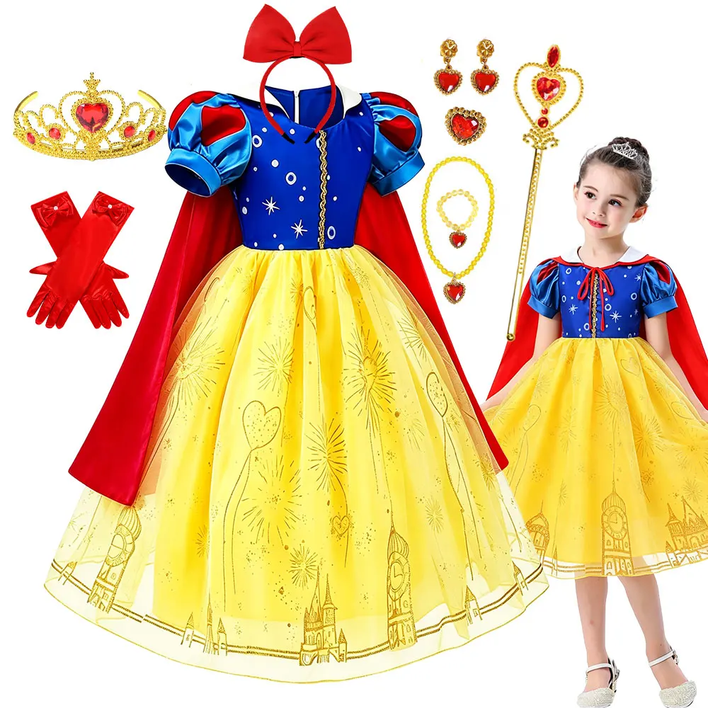 Luxury Snow White Princess Dress Red Cloak Gold Castle Print Kids Evening Ball Gown Christmas Halloween Party Cosplay Costume