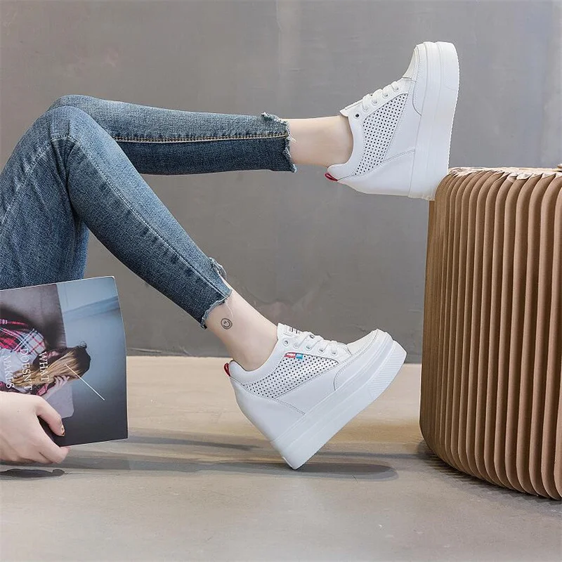 11cm Genuine Leather Platform Wedge Sneakers White Shoes Summer Women New Fashion Sneakers Hidden Heel Shoes Spring Autumn Pumps