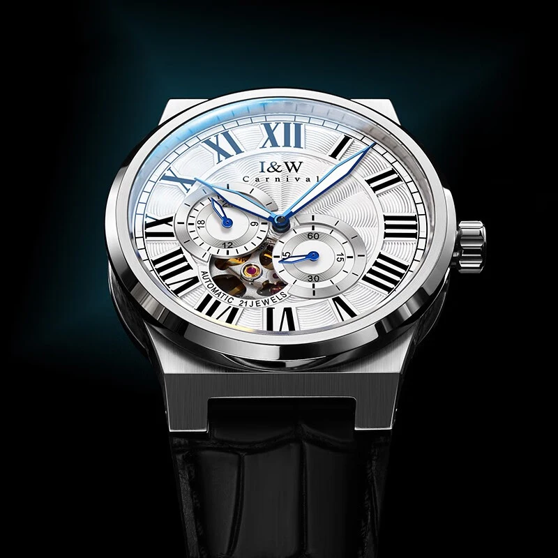 I&W Men Automatic Watch 41mm Mechanical Wristwatch 50m Waterproof Luminous Sapphire Mirror Small Second Dial 24 Hours
