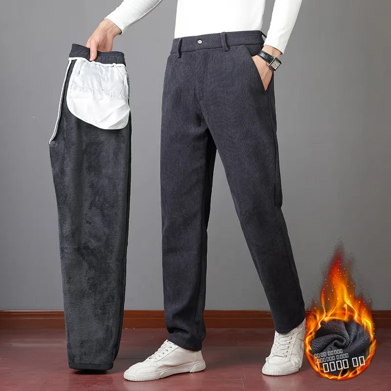 

2024 New Men's Casual Thiened Fce Lined Straight Leg Pants Warm Long Trousers Faionable Urban Sle Knitted Fabric