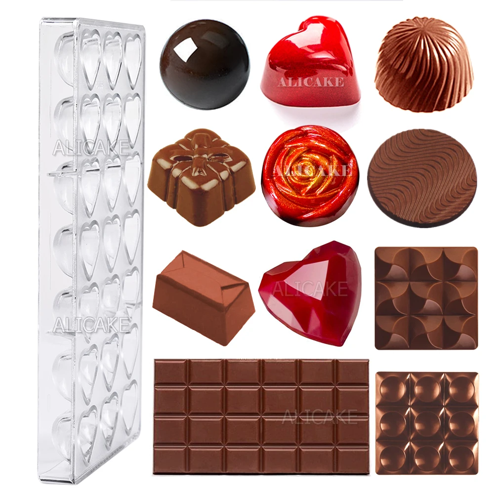 Polycarbonate Chocolate Candy Mold, Clear Confectionery Baking Mould, DIY Pastry Tool, Heart Rose Cube Oval Dome Diamond Shapes