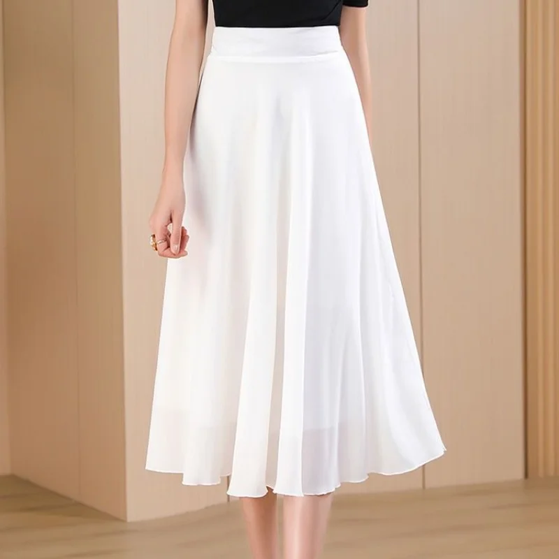 Simplicity Fashion Summer Skirts Women's Elastic Waist Solid Pleated Elegant High Waist Loose Mid-length Chiffon A-line Skirt