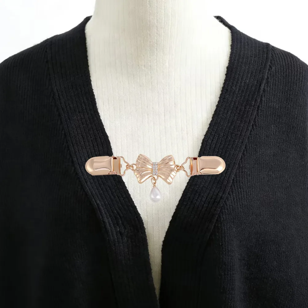Retro Bowtie with Pearl Sweater Clips Cardigan Shawl Dress Shirts Collar Brooch Clips Back Cinch Clips for Women Girls Clothing