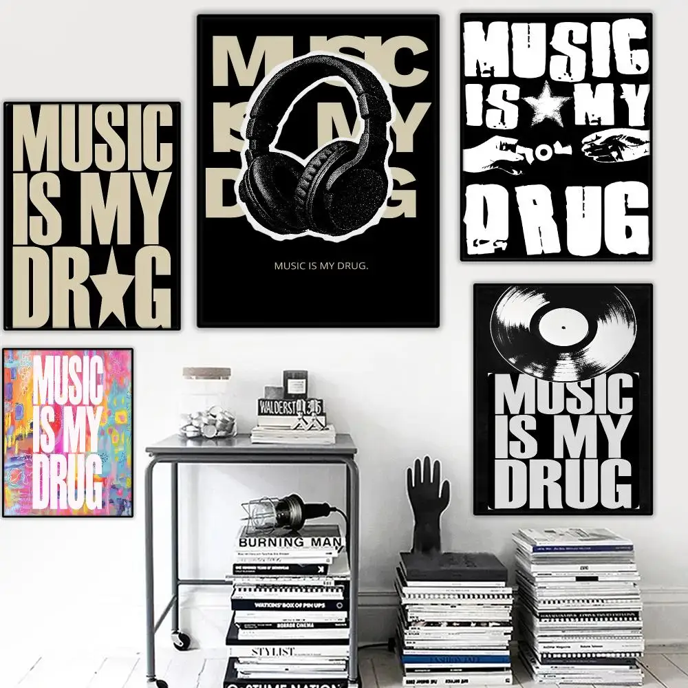 Music Is My Drug Quote Painting Calligraphy Wall Art HD Canvas Oil Painting Posters Prints Home Bedroom Decor Gift