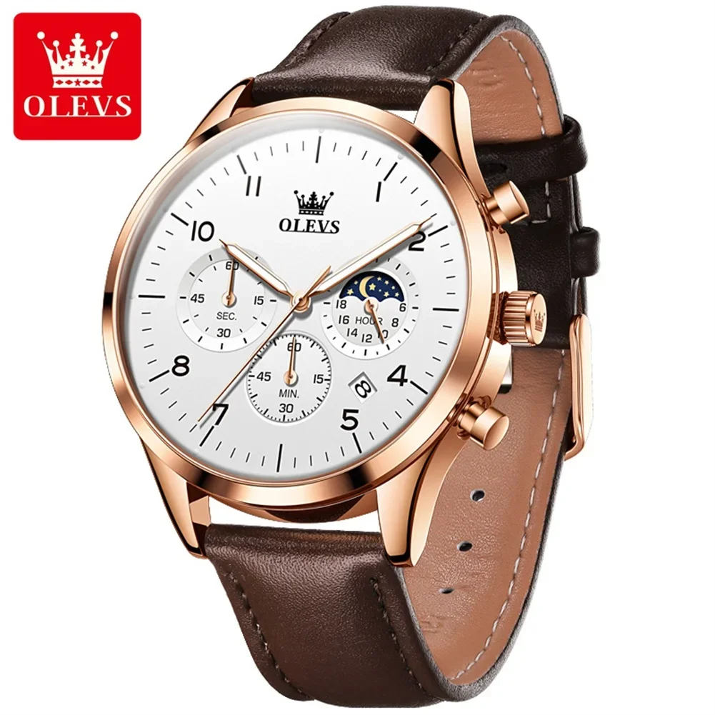 

OLEVS 2882 Business Quartz Watch For Men Moon Phase Leather Men's Watches Waterproof Original Man Wristwatches reloj hombre