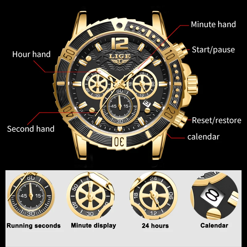 LIGE 2023 New Fashion Gold Watch For Men Casual Business Mens Watches Top Brand Luxury Chronograph Quartz Military Wristwatch