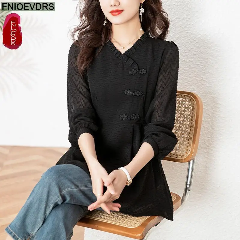 Loose Clothes Women 2024 Autumn Black Elegant Office Lady Button Shirts Casual Retro Vintage Ruffles Tunic Peplum Tops Blouses