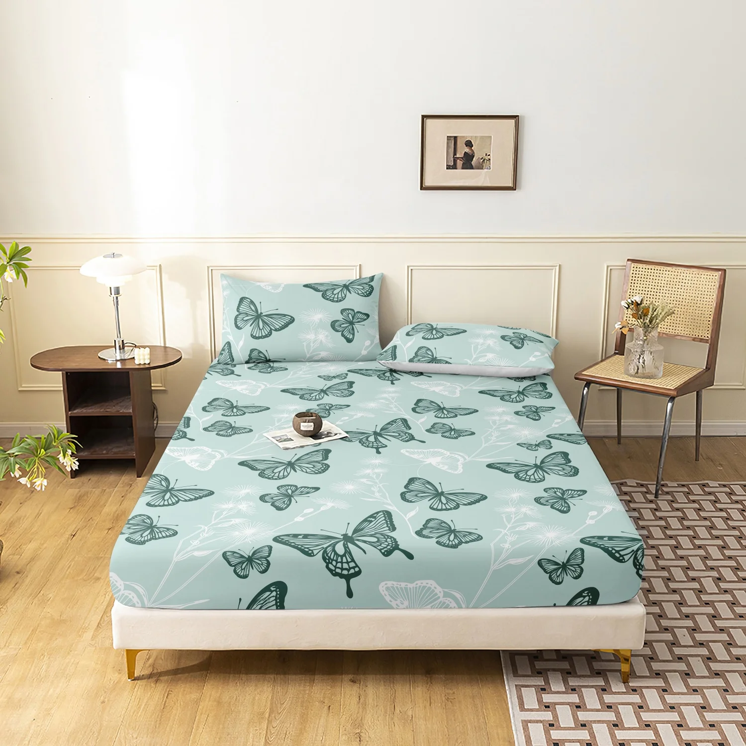  3 Pieces Fresh Pastel Mint Green Butterfly Fitted Sheet Set, Outline Insect Botanical Branch Floral Print Bedding