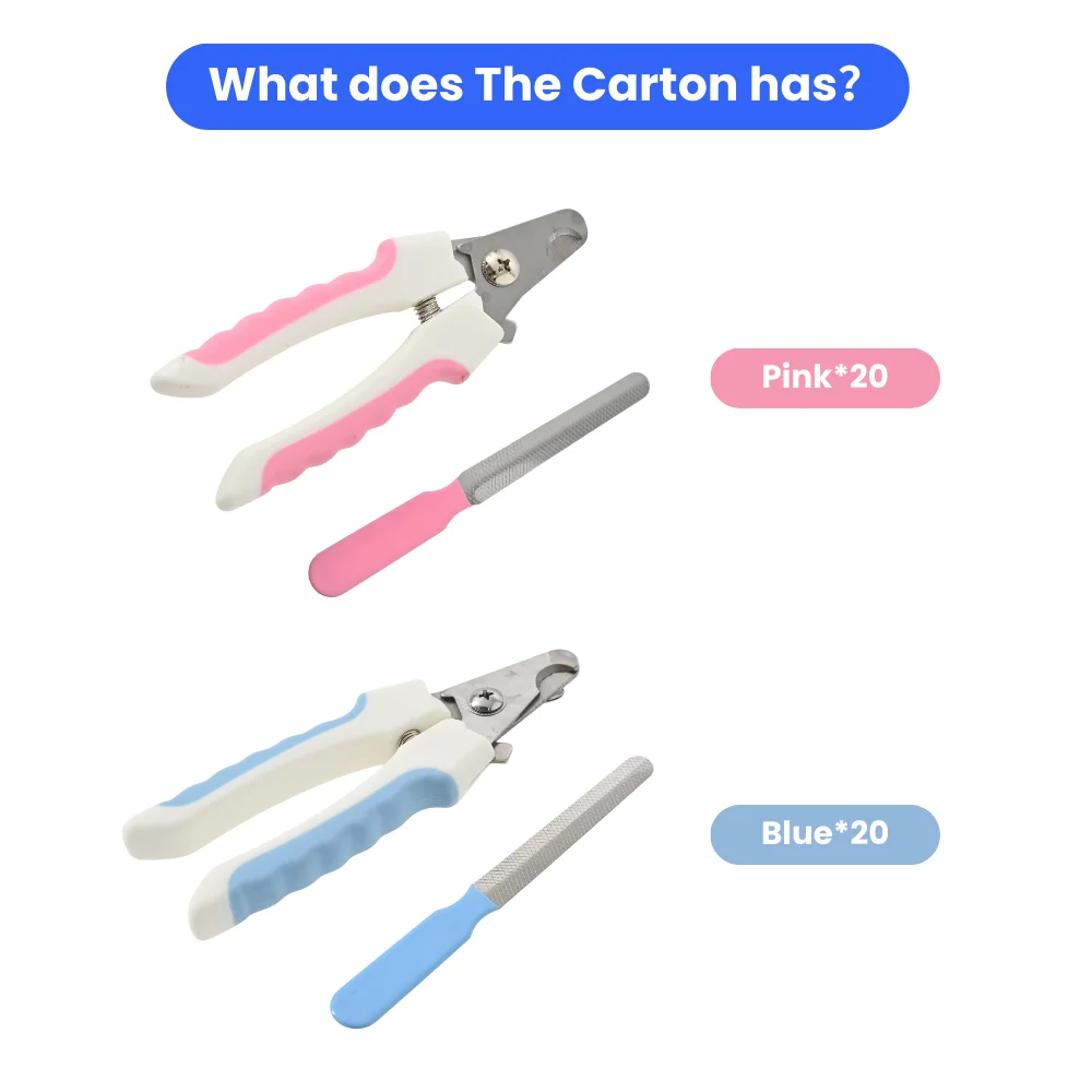 40PCS/Carton 2 Colors Mixed Pet Nail Clippers with Nail File Sharp Dog Cat Claw Trimmer Ergonomic Handle Pet Grooming Tool