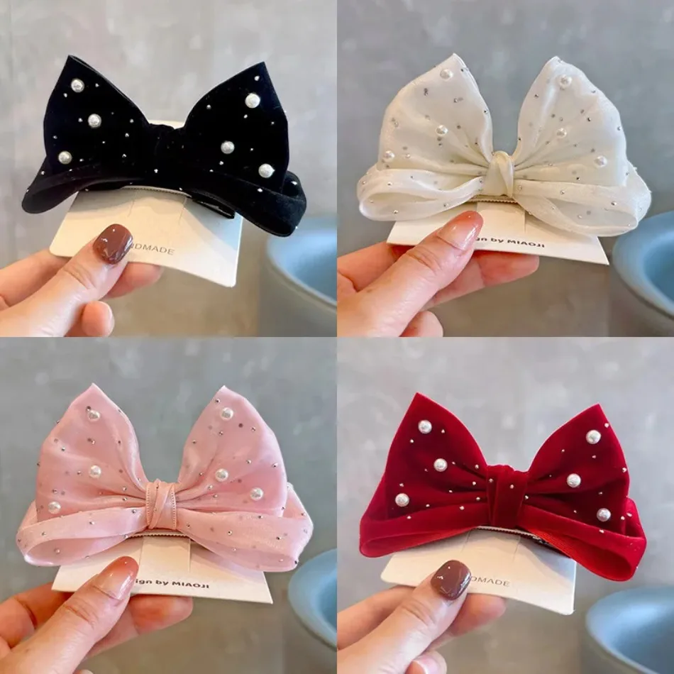

Pearl Bow Girl Headwear Mesh Velvet Hair Clip Party Girl Dance Hair Accessory Hair Clip Red Children Red Big Bow Hairpin HP01