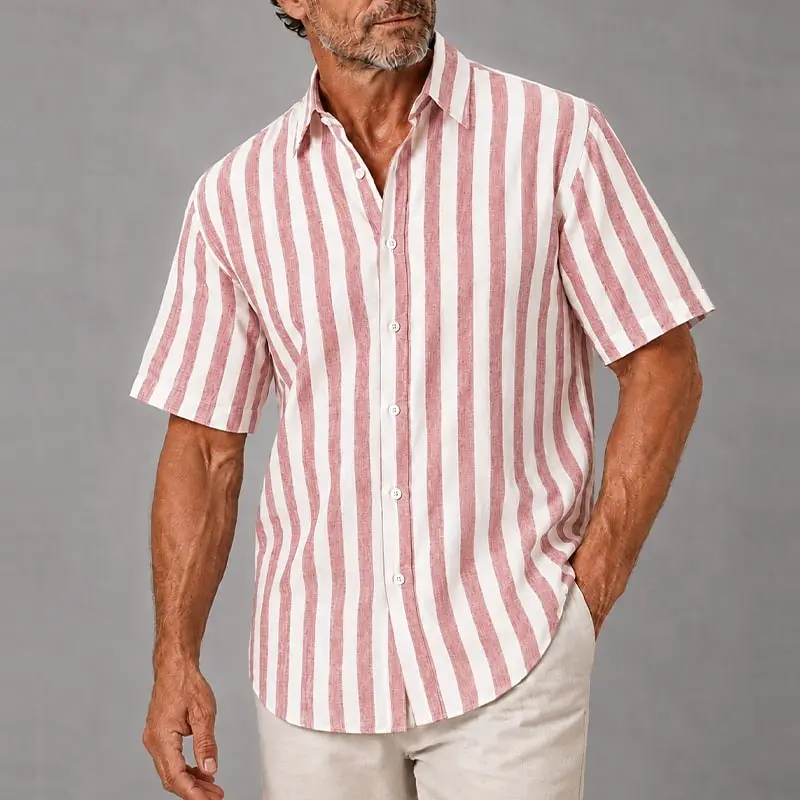 Men's Pink White Vertical Stripe Button Down Shirt, Casual Tops For Spring Summer Daily Wear & Vacation Occasions