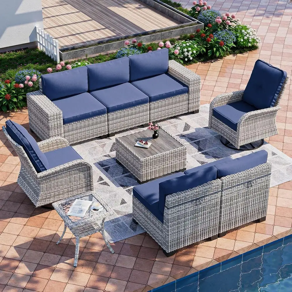 

9-Piece Outdoor Patio urniture Set with Rocking Swivel Chair Wicker Sectional Soa Set, Patio Contion Set with Thickened Cushions