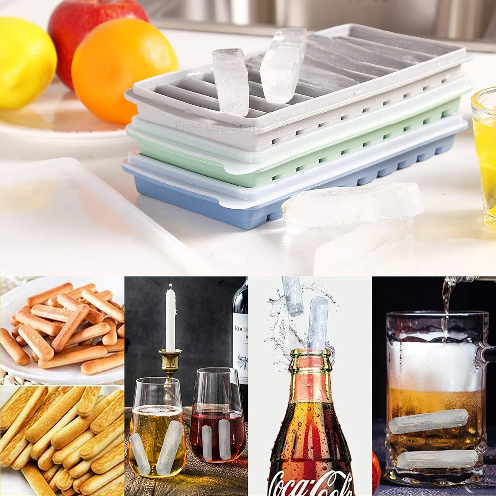 Ice Cube Tray Long Ice Stick Tray Silicone with Lid Rectangular Narrow Stick Easy Release Ice Mold for Juice Cocktail Bar Tools