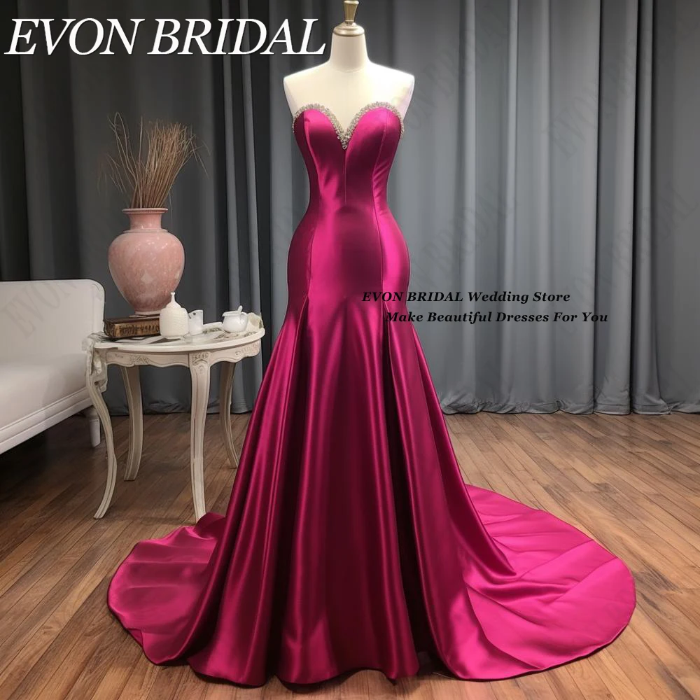 EVON BRIDAL Fuschia Satin Crystal Evening Dresses Mermaid Strapless Formal Wedding Party Gowns Elegant Women vestidos de fiesta