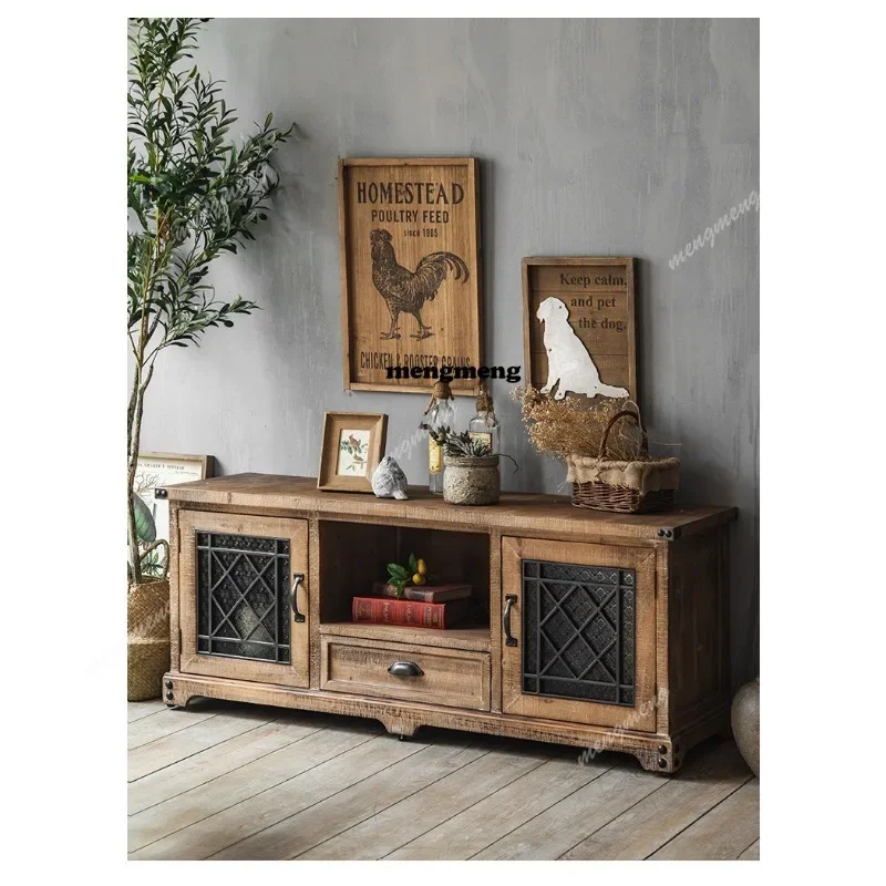 H132 American TV cabinet solid wood retro wrought iron old industrial style short cabinet B & B locker