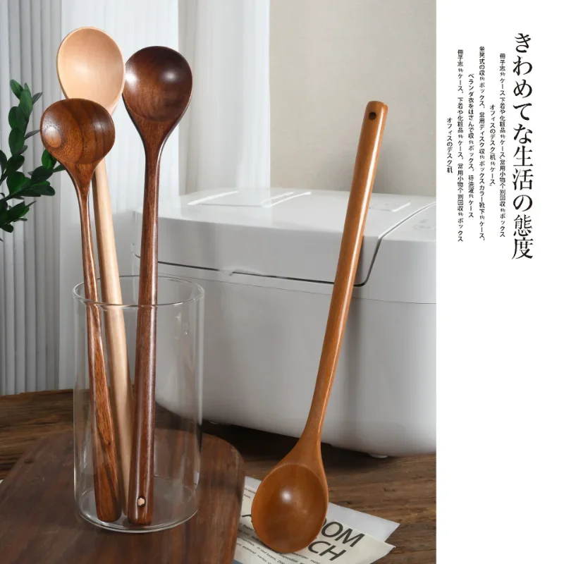 1Pcs Long Spoon Wooden Korean Style Natural Wood Long Handle Round Spoons For Soup Cooking Mixing Stir Spoon Dessert Spoon