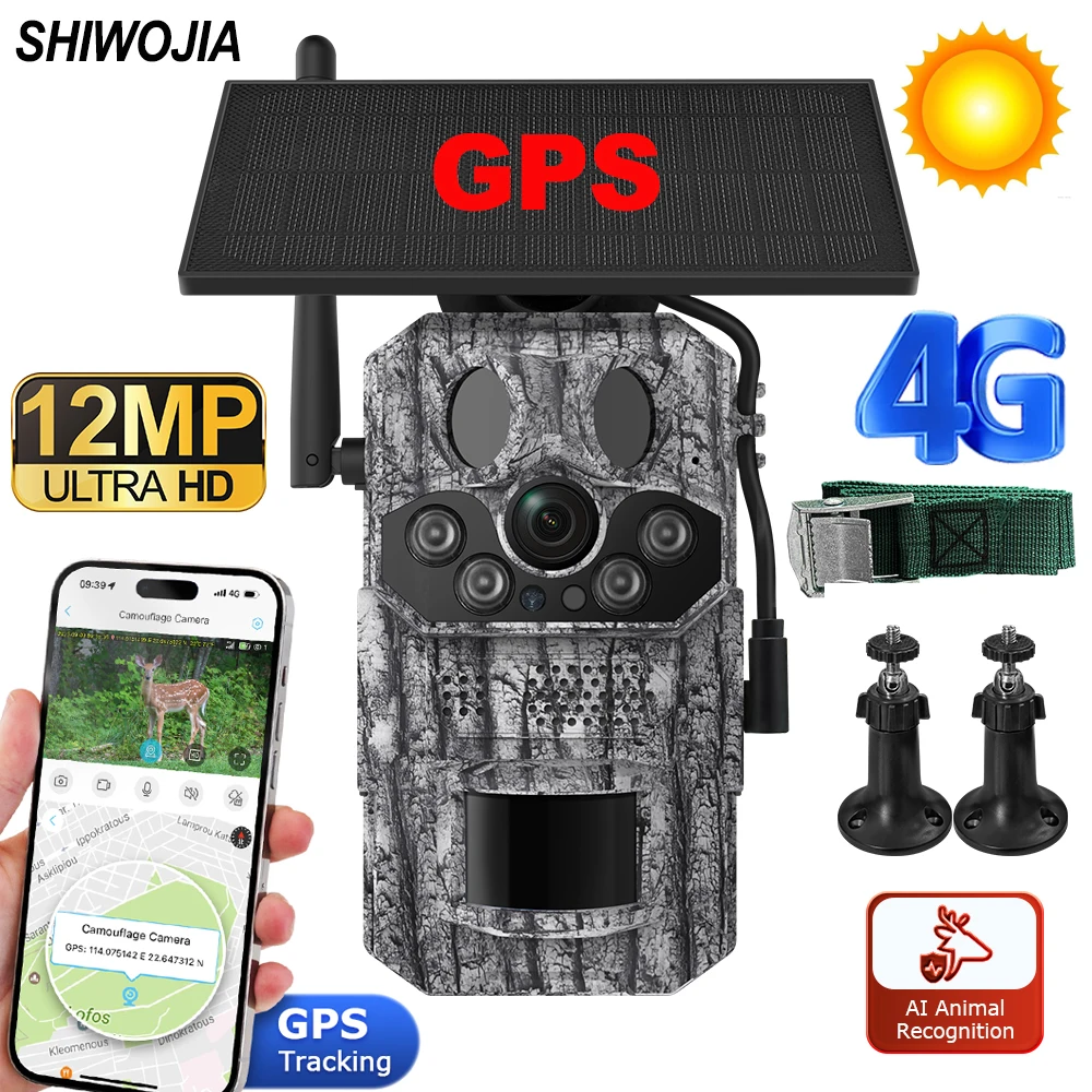 SHIWOJIA 6K 12MP 4G SIM SolarBattery Camera with GPS AI Animal Recognition Outdoor Dual PIR Hunting PTZ Camera Wildlife Monitor
