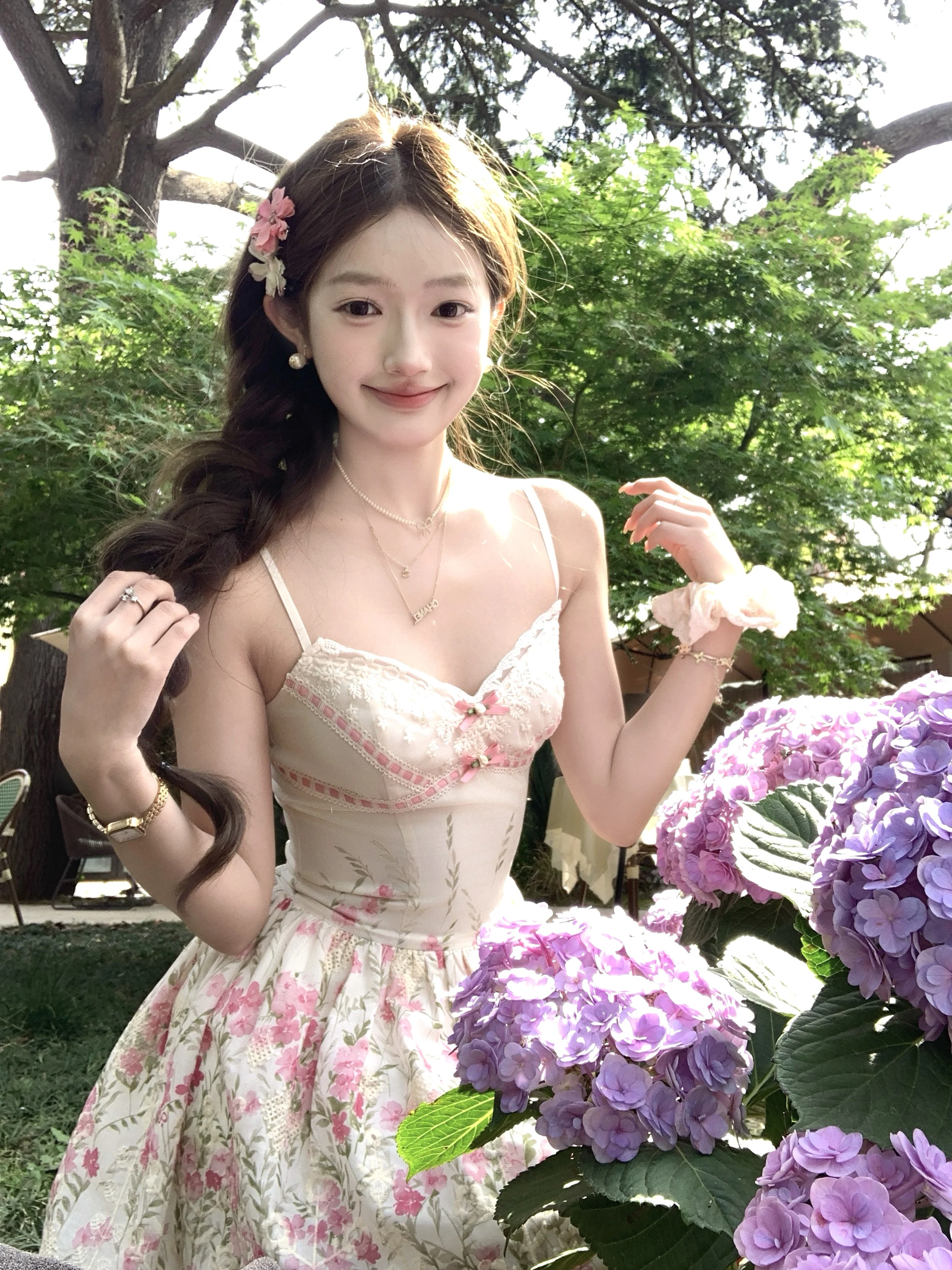 Sweet Style Sakura Island Tea Talk Mid-Length Lace V-Neck Floral Print Wrap-Over Strap Dress Women's Summer Beautiful Dress