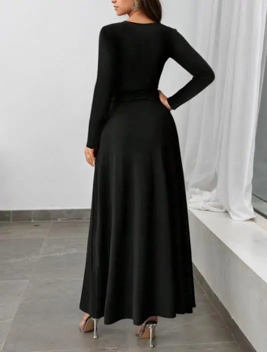 

Women Dresses 2026 Spring Autumn Retro Fashion Sexy Deep V-Neck Long Sleeved Cinched Waist Slit Solid Color Casual Long Dress