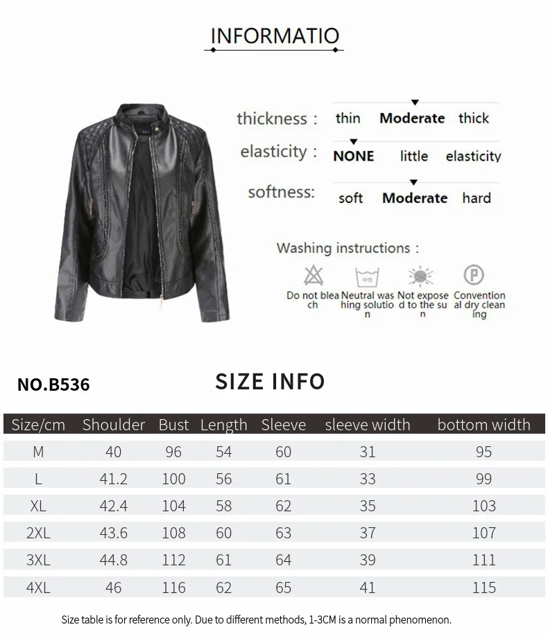 PU Motorcycle Zipper Jacket for Women, Large Standing Neck, Leather Clothes, Black high-quality zipper outdoor leather top 2024