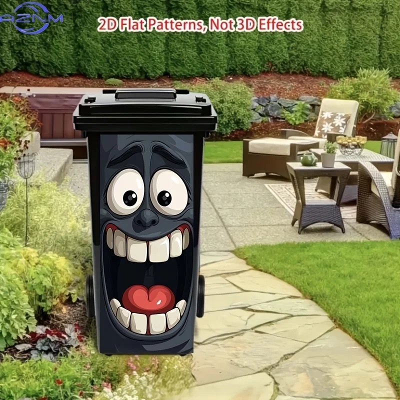 1pc 2D Flat Interesting "Big Mouth Cartoon Face" Trash Can Sticker, 2D Flat Wall Sticker, Removable Self-Adhesive Outdoor Tras view 5
