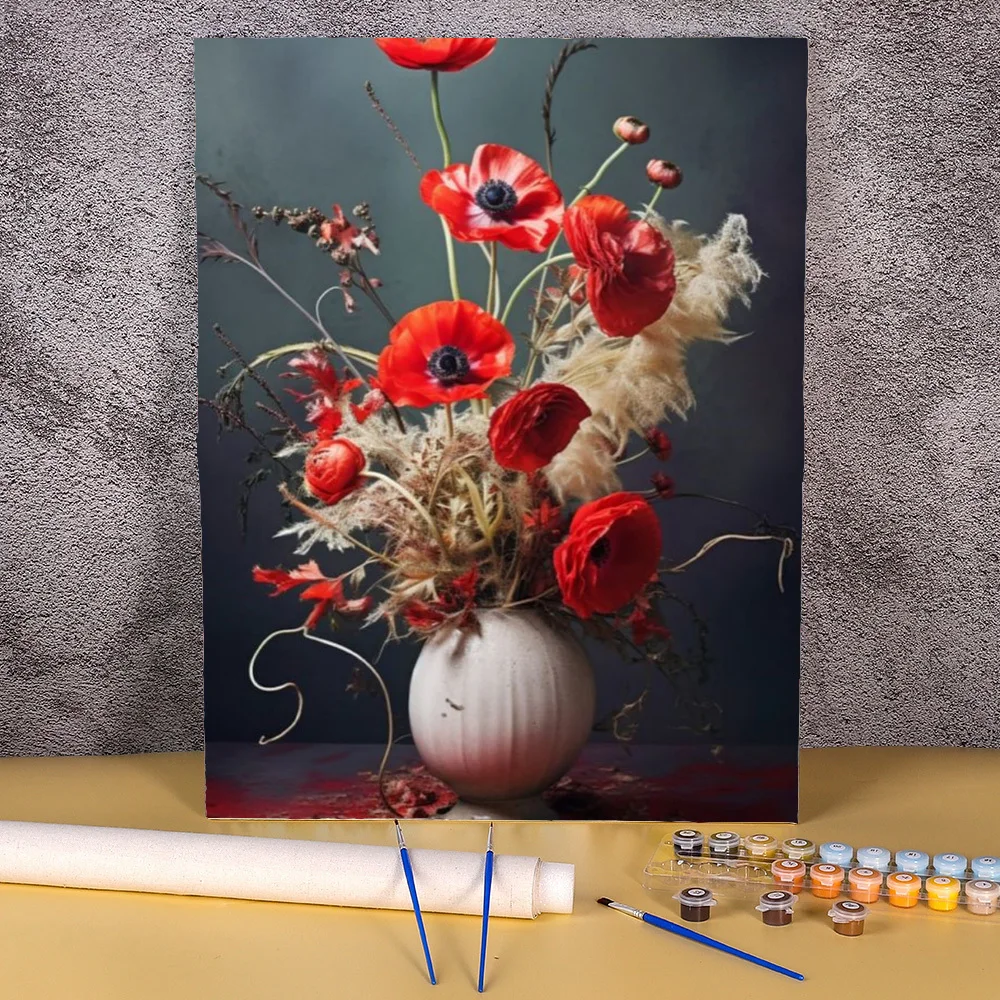 

Acrylic Painting By Numbers For Adults Vintage Red Flower Vase Home Wall Art Canvas Picture Drawing Coloring By Numbers Gift