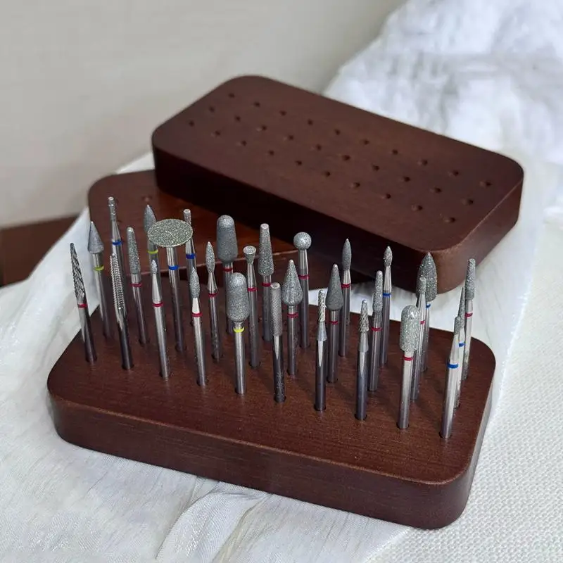 

30 Slots Polishing Head Storage Walnut Wood Nail Drill Bit Organizer Tray Desktop Display Stand Manicure Tools