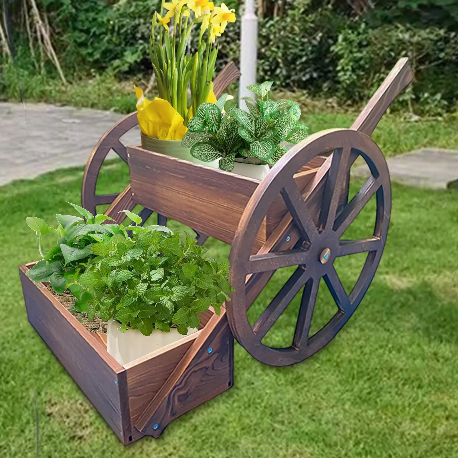 Wooden Wagon Planter Box Outside Living Room Patio 2 Tier Garden Planter