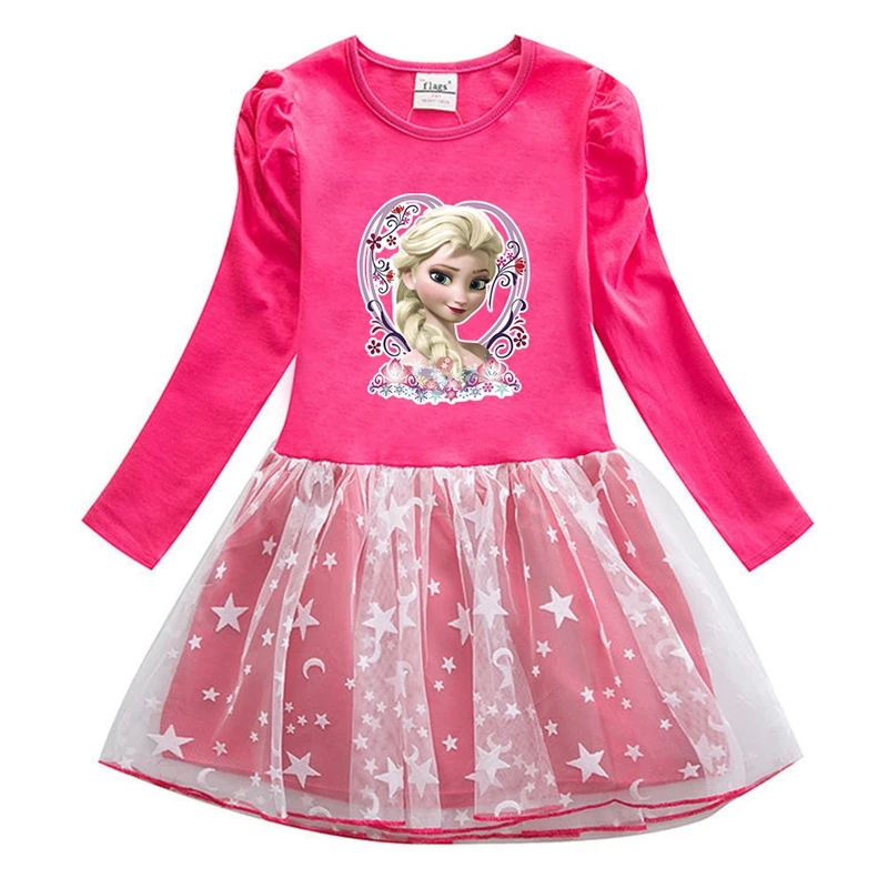 Spring Autumn Girls Dresses Baby Kids Cartoon Frozen Elsa Long Sleeve Clothes Princess Mesh Party Wedding Dress Toddler Pajama