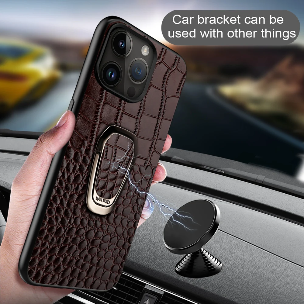 Genuine Leather Phone Case for Apple iPhone 15 14 Pro Max 15Pro 14Pro 13Pro Max Bracket Back Cover with Ring
