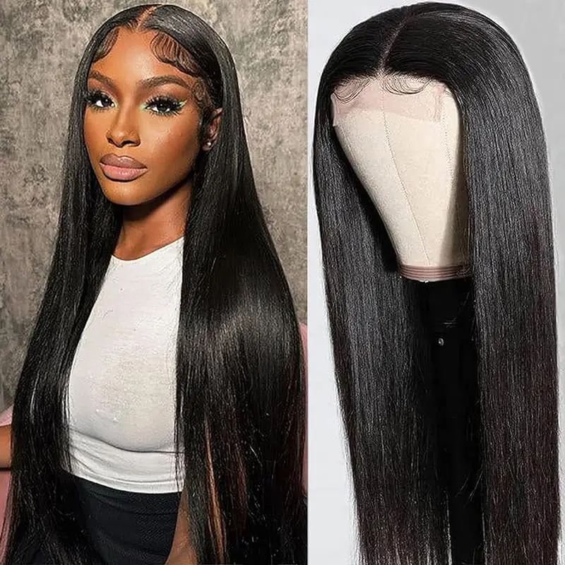 

Natural Black Long Straight Human Hair Wig Pre Combed 180% Density Straight Hair 4x4 Lace Front Cover Black Women's Wig