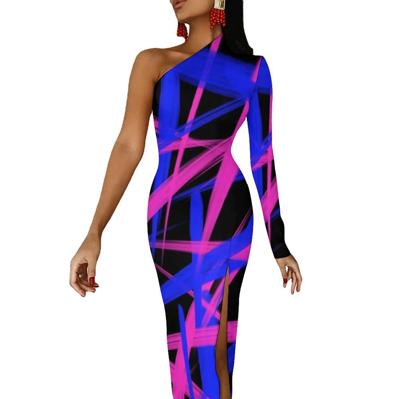 Neon Paint Maxi Dress One Shoulder Graphic Art Print Cute Bodycon Dress Autumn High Slit Party Long Dresses Lady Trendy Clothes