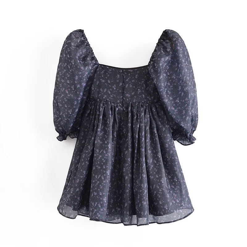 Sweet Black Floral Print Organza Ball Gown Dress Puff Sleeve Retro Women Swing Short Princess Dresses Fairy Cake Vestidos