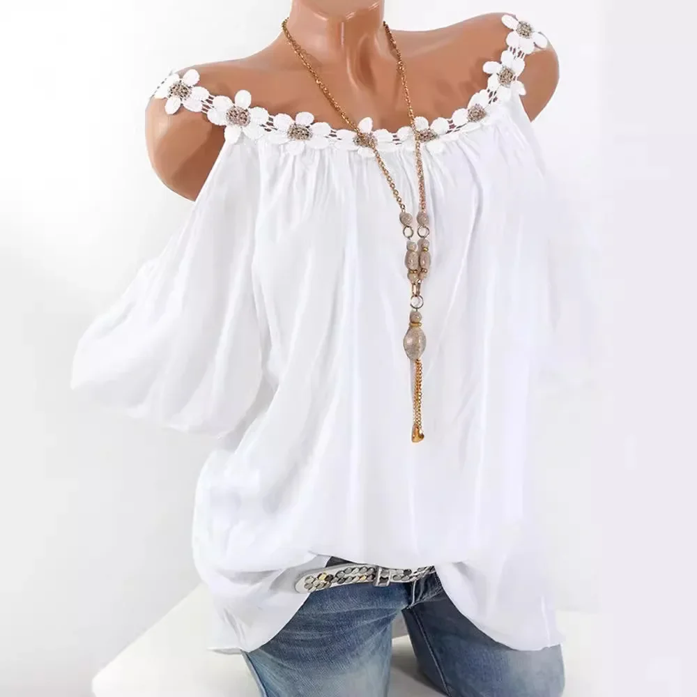 Women Spring Summer Shirt Blouse Solid Color Short Sleeves Hollow Out O Neck Casual Elegant Fashion Comfortable Regular Standard