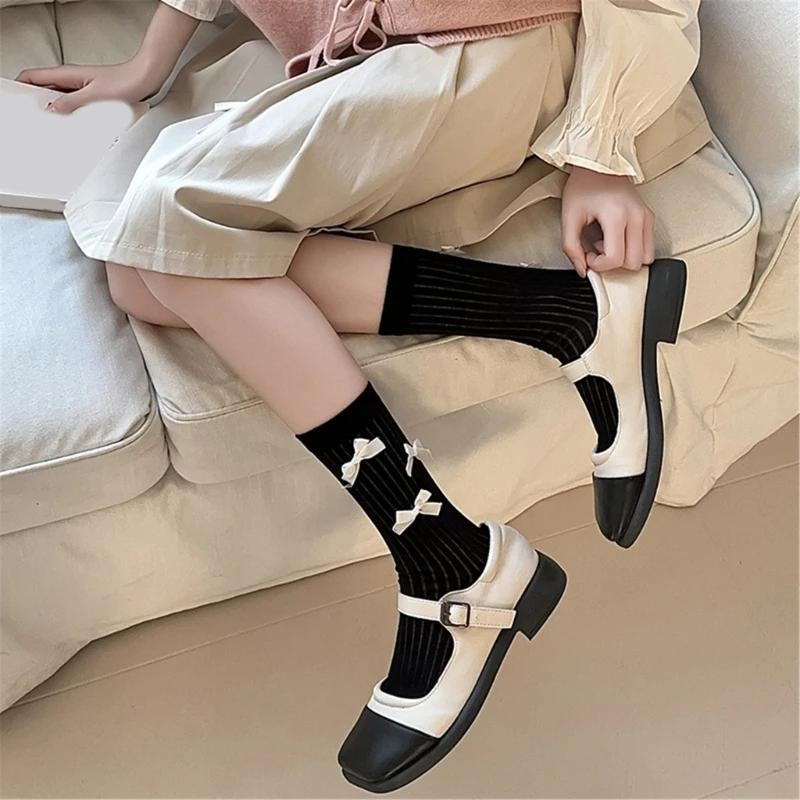 Women Ribbed Knitted Socks Student Sweet Small Bowknot Solid Calf Socks