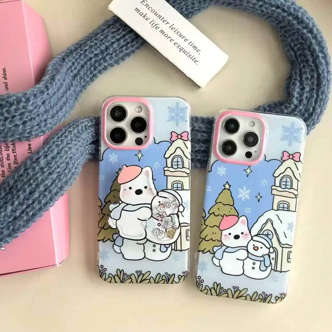 3D Cute Snowman Puppy Stand Phone Case For iPhone 16 15 14 11 13 12 Pro Max Plus XS Shockproof Cover Case Fashion Holiday Gifts