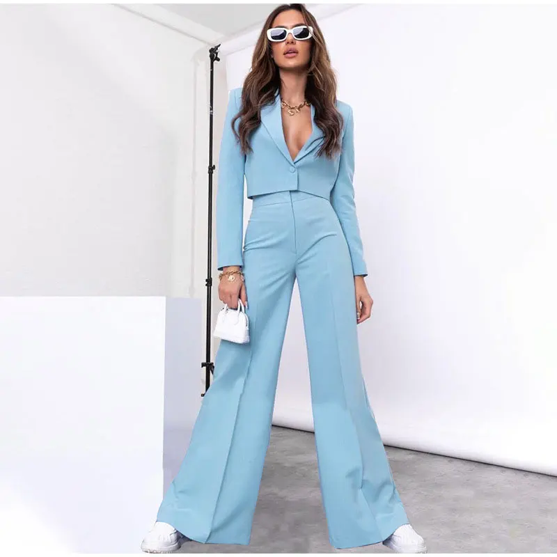 Women Suits Set Summer Blazer+High Waist Pants Prom Dress Short Top+Wide Leg Trousers Office Jacket Sets In Stock