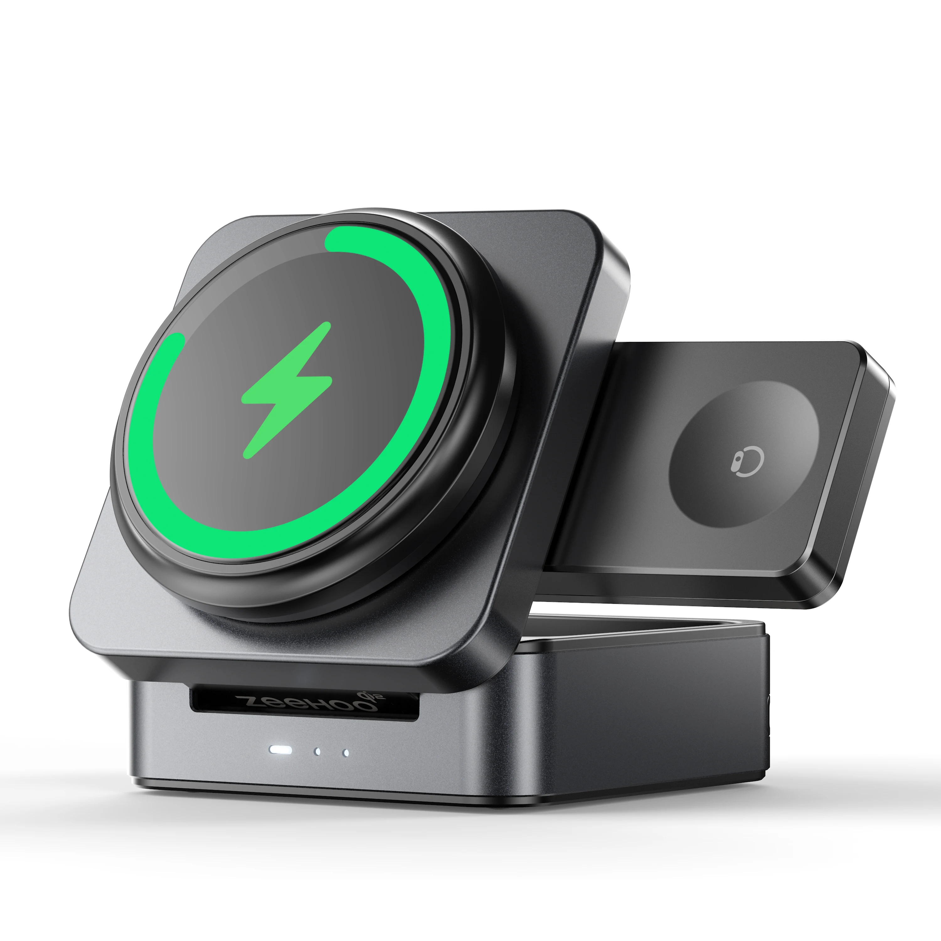 

Беспроводное зарядное устройство ZEEHOO 3-в-1, складное, быстрое зарядное устройство мощностью 15 Вт, сертифицированное Qi2, портативная дорожная зарядная подставка, док-станция для iPhone 17/16/15
