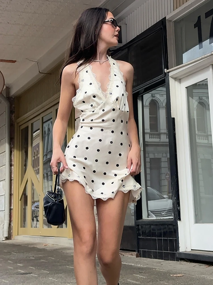 Weird Puss Speckled Print Dress Women Backless Lace-Up Halter  Lace Patchwork Sexy Ruffles Midnight Clubwear Party Mini Bodycon