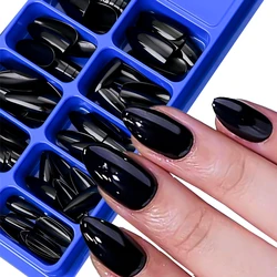 100pcs/Box Black Almond Press On Nails Medium Length Glossy Solid Color Fake Nails Water Drop Shaped Halloween Dark Style Nails*