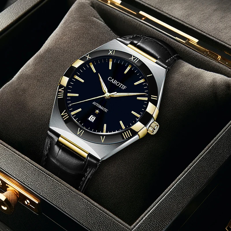 

Стильные мужские универсальные механические часы с черным календарем зодиака и искусственной кожей.