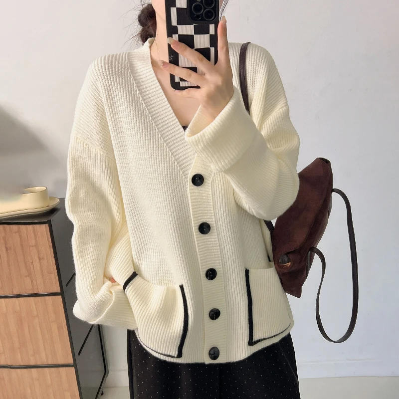 

V Neck Sweater Women Knit Jumpers Single Breasted Cardigan Long Sleeve Solid Pockets Loose Sweaters Spliced Casual Autumn