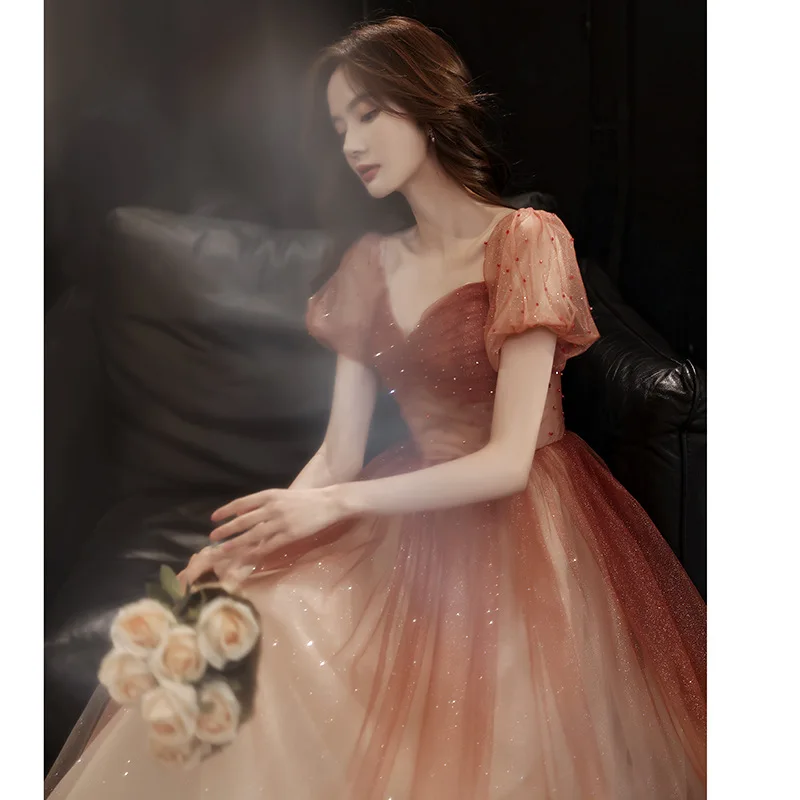

French Style Evening Dress Square Collar Short Sleeve Slim Women Banquet Vestidos Tulle Bandage Birthday Gown