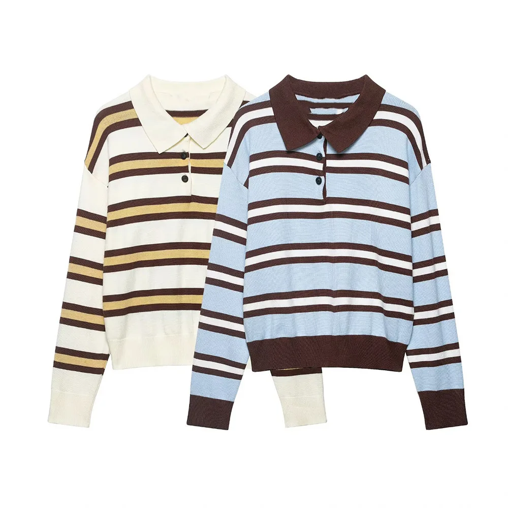 

Рубашка-поло в европейском и американском стиле, весна-осень 2026, свободного кроя, в полоску, с отложным воротником, в студенческом стиле, омолаживающая, в стиле инс.