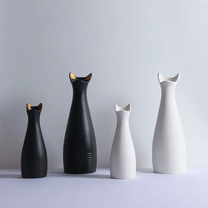 Cat Shape Nordic White Ceramic Dried Flower Vase Water Raising Creative Simple Home Decoration Ornament Flower Arrangement